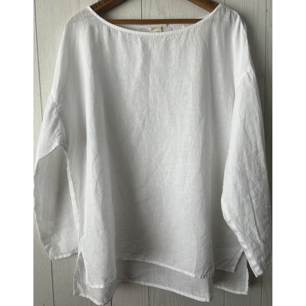 Eileen Fisher Organic Linen White Boxy Top Large Blouse Lagenlook Women's Shirt
